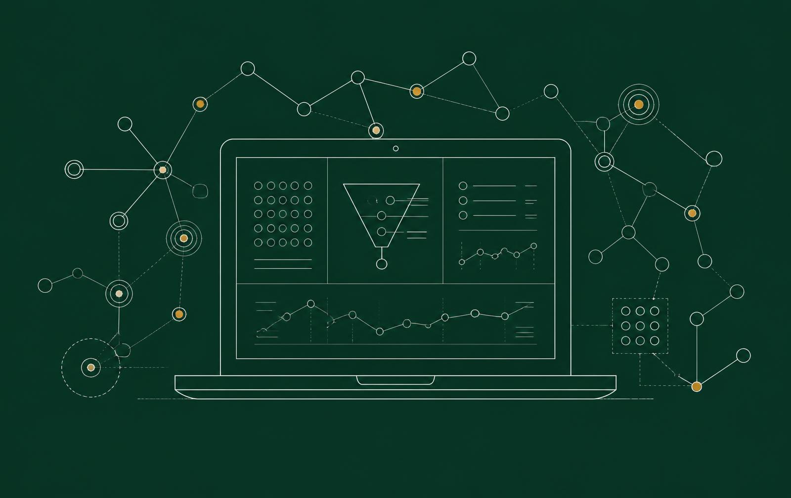 Line-work illustration of a laptop with interlinked data nodes, representing technology embedded across the investment lifecycle.